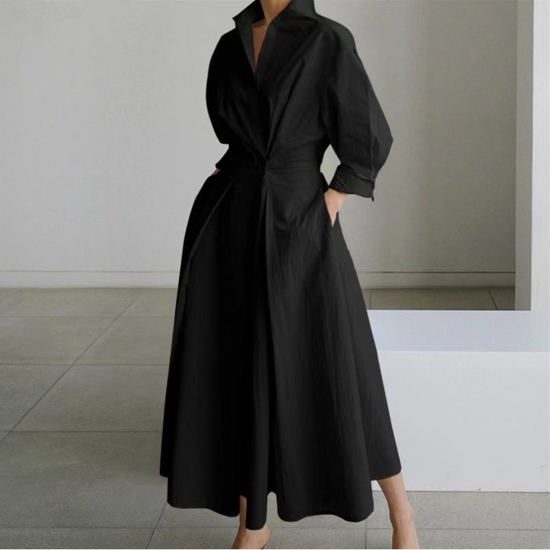 Women’s Maxi Dress with Collared Neck and Cuffed Sleeves