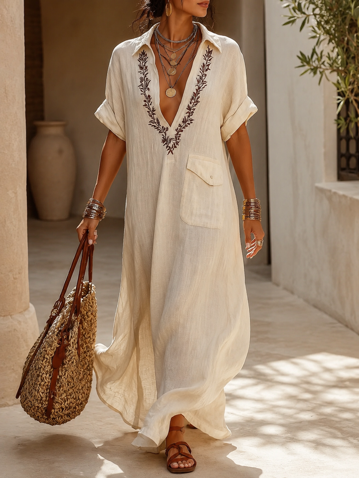 Women’s Maxi Dress with Collared V Neck and Embroidered Detail