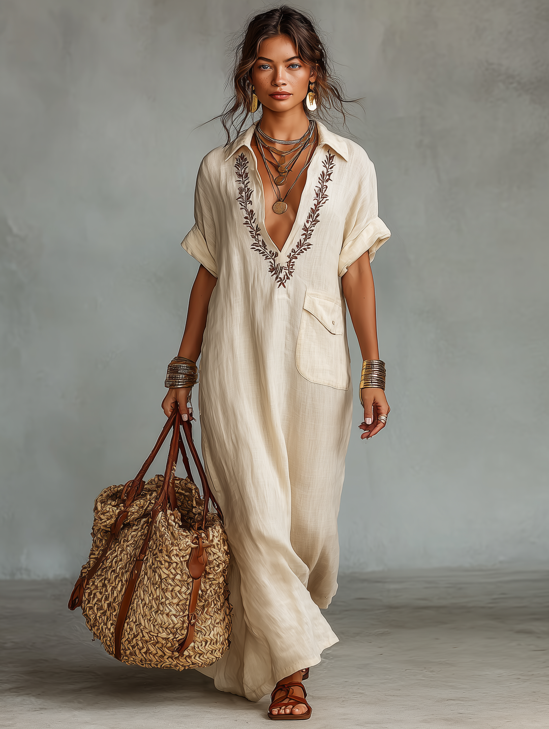Women’s Maxi Dress with Collared V Neck and Embroidered Detail