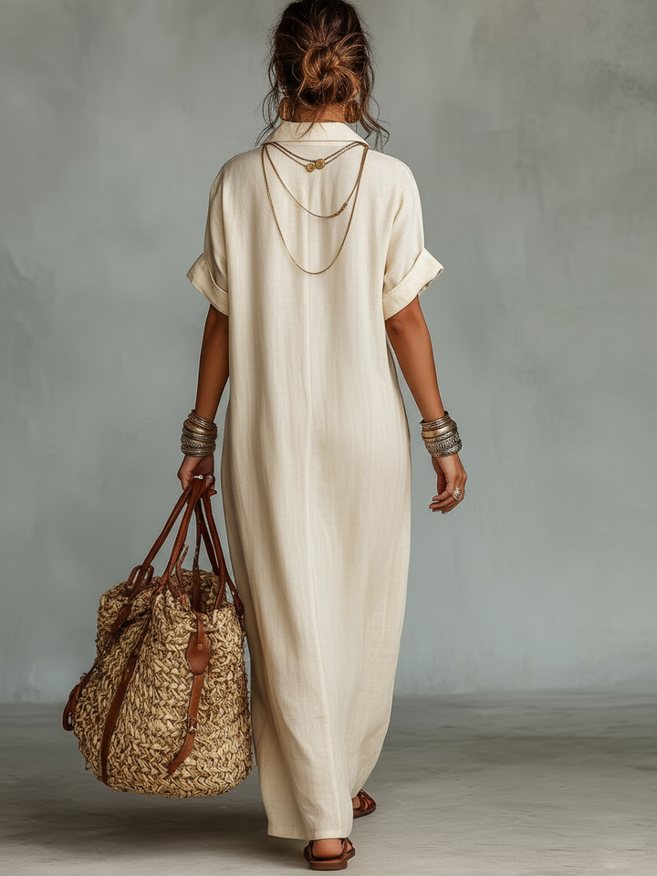 Women’s Maxi Dress with Collared V Neck and Embroidered Detail