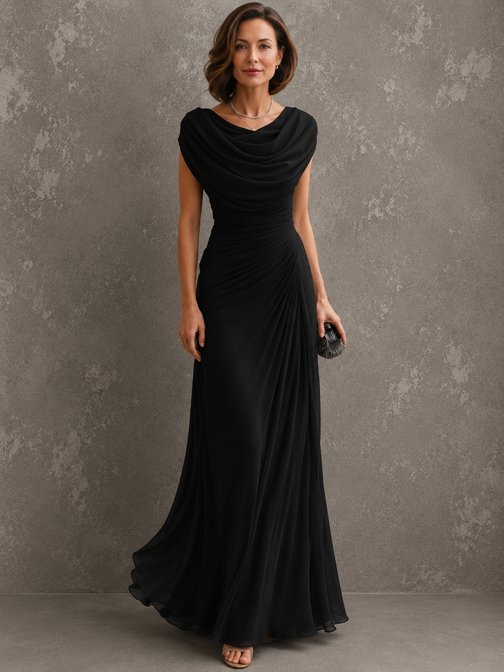 Front view of cowl neckline, sleeveless bodice and draped floor-length skirt, black