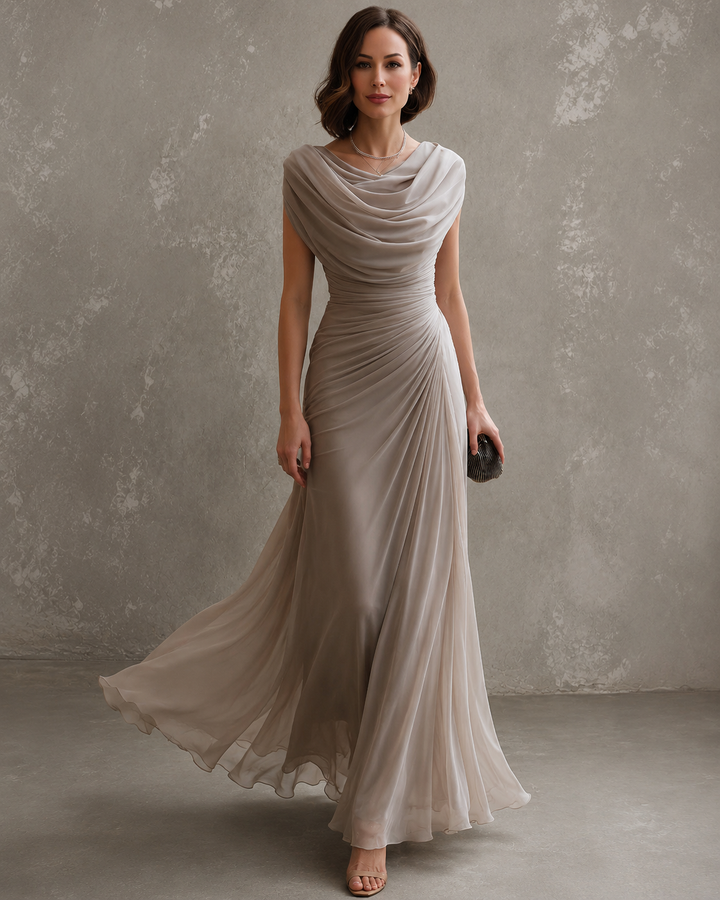 Front view of cowl neckline, ruched waist and draped skirt, beige