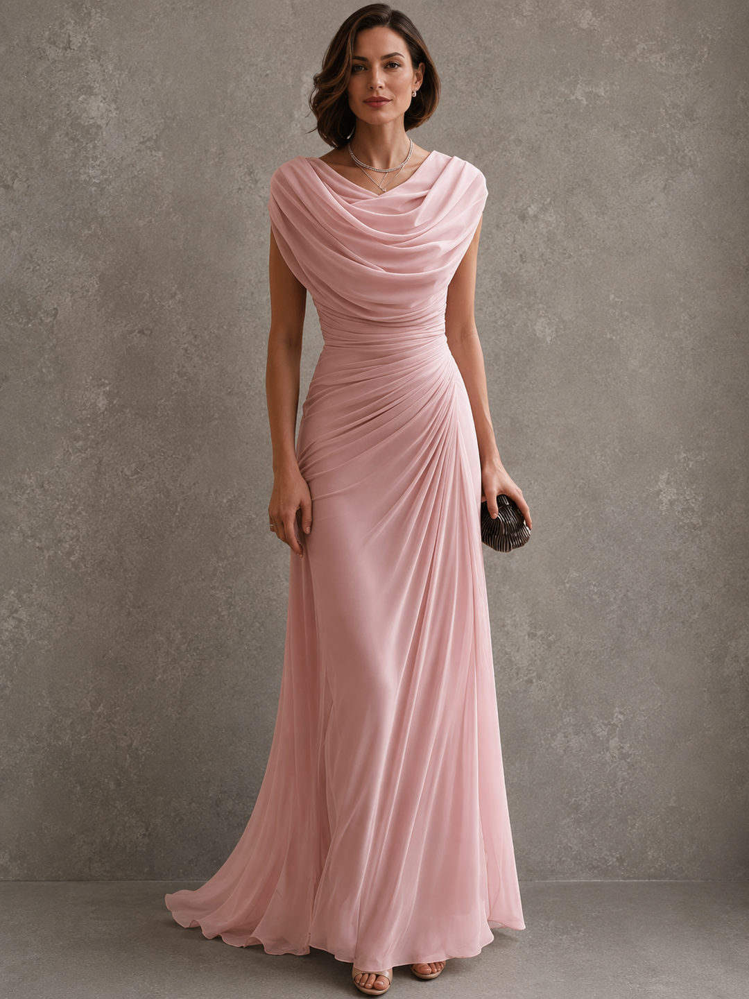 Front view of cowl neckline, sleeveless bodice and floor-length skirt, pink