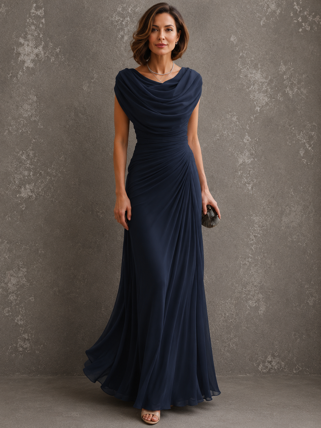 Front view of cowl neckline, ruched bodice and draped skirt, navy blue
