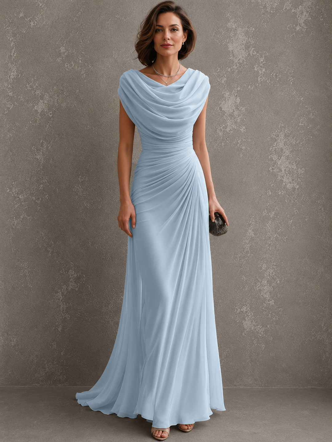 Front view of cowl neckline, ruched waist and floor-length skirt, light blue