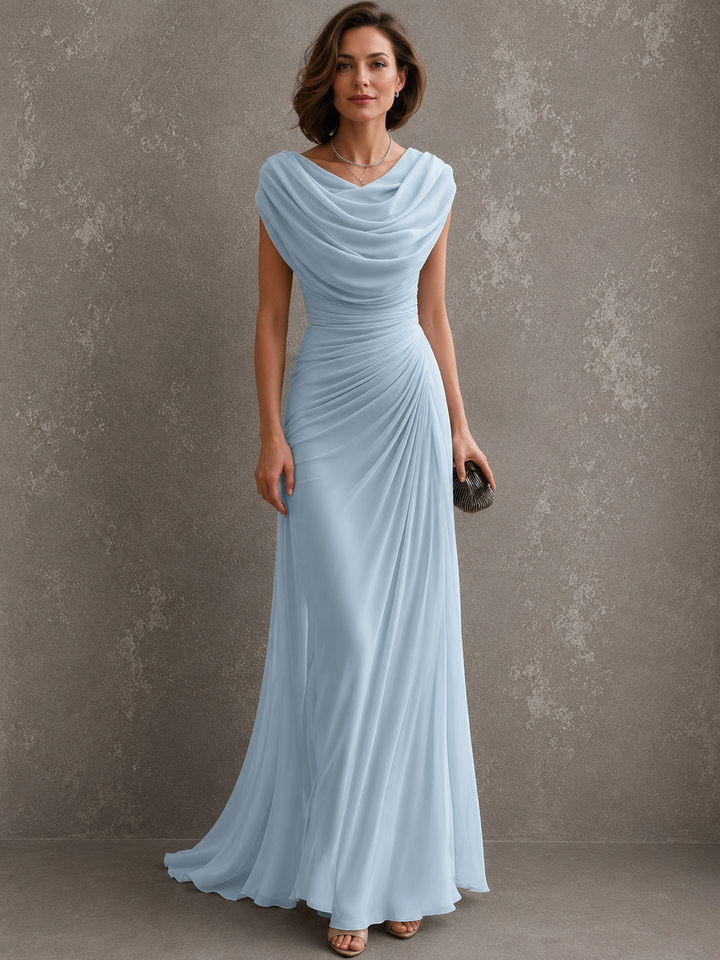 Front view of cowl neckline, ruched waist and floor-length skirt, light blue