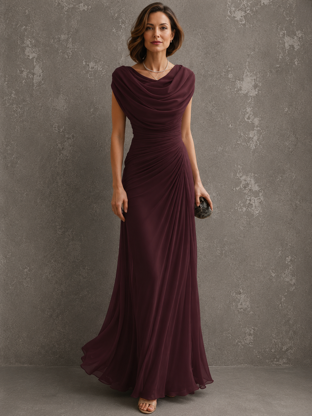 Front view of cowl neckline, draped bodice and skirt, burgundy