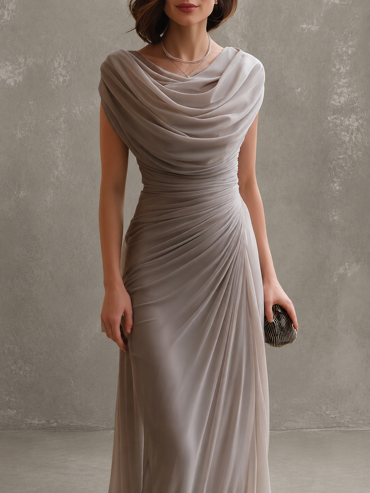 Detail view of cowl neckline and ruched bodice