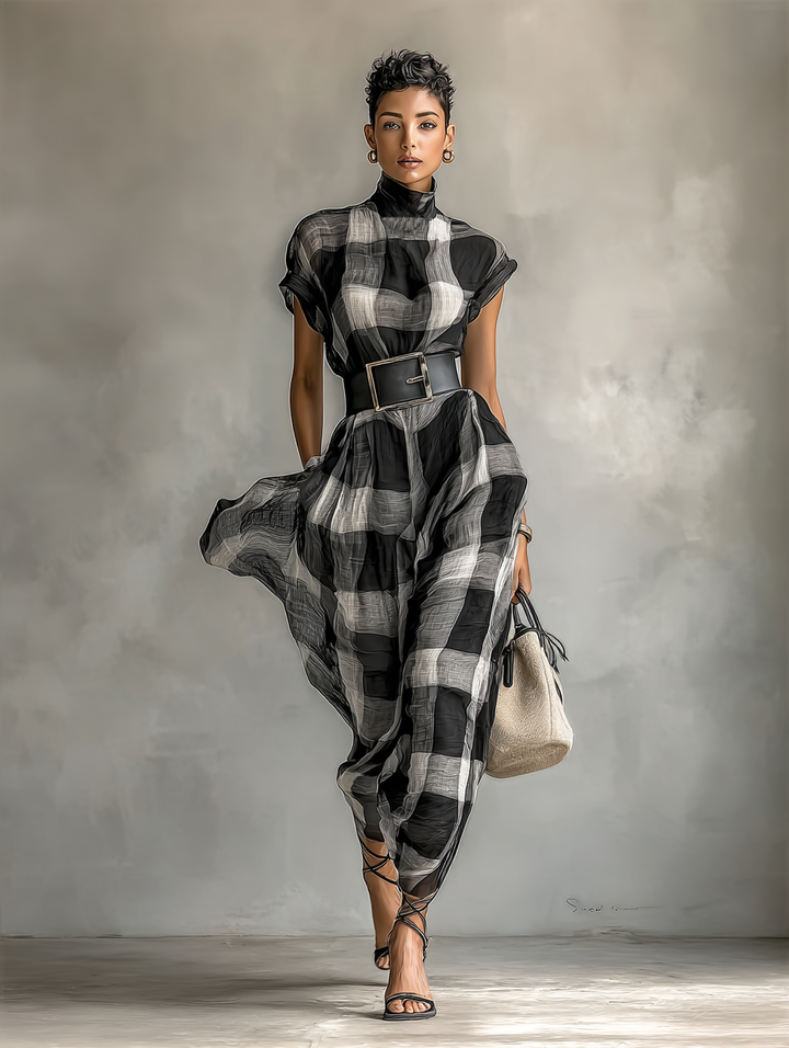 Women’s Maxi Dress with High Neck and Cap Sleeves