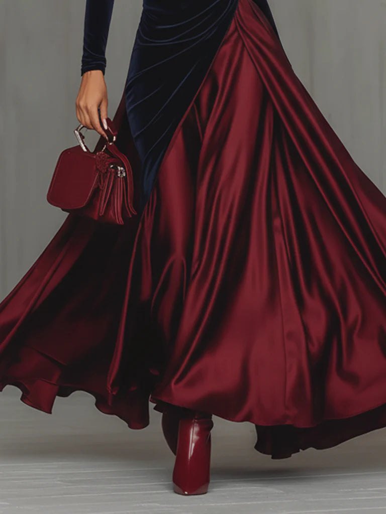 Detail view of skirt and floor-length hem