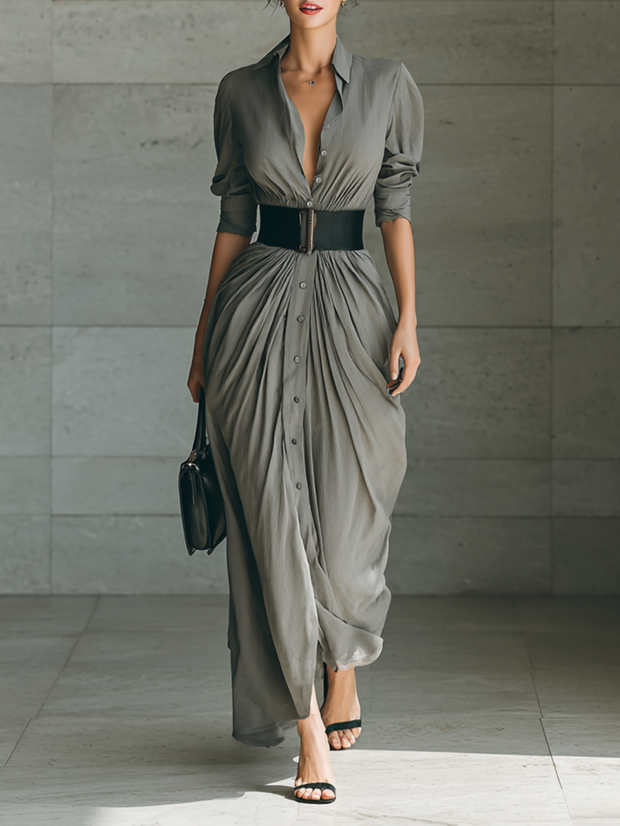 Front view of pleated maxi dress with shirt collar, button placket, long sleeves and banded waist, grey