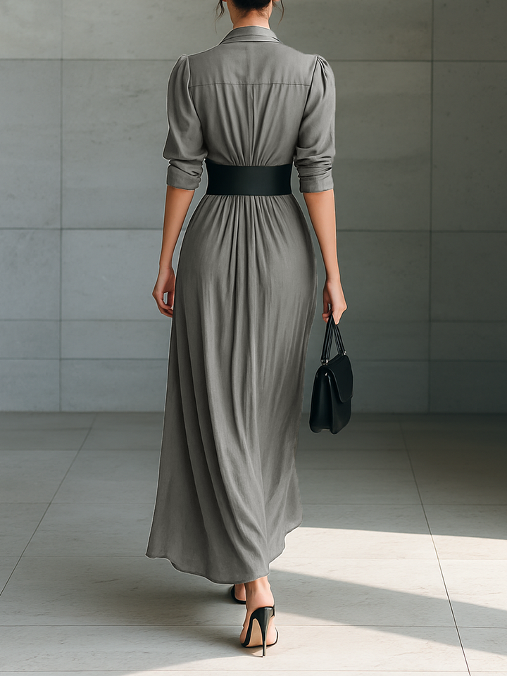 Back view of maxi dress with collar, long sleeves, banded waist and pleated skirt