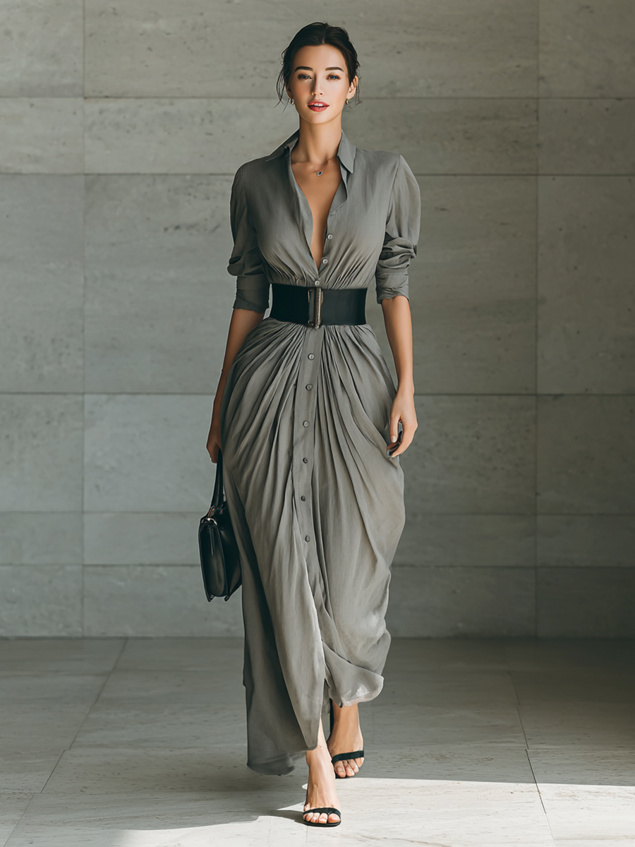 Front view of maxi dress with shirt collar, button placket, long sleeves and pleated skirt