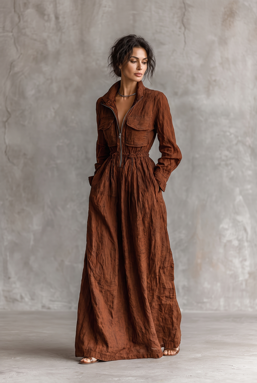 Front view showing stand collar, zip placket, chest flap pockets and side pockets