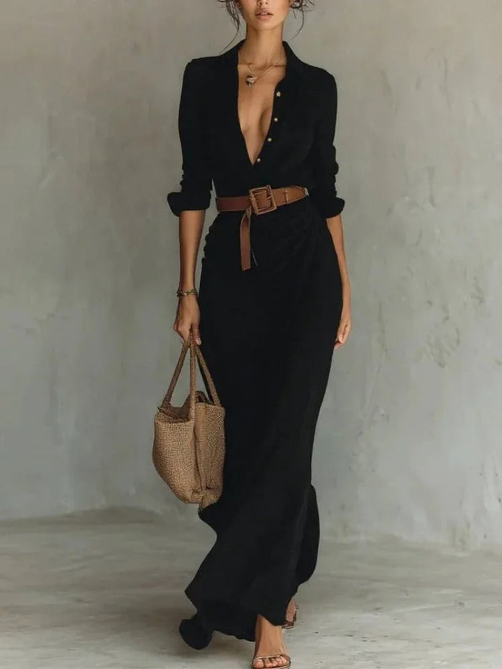 Women’s Maxi Dress with Point Collar and Gathered Front