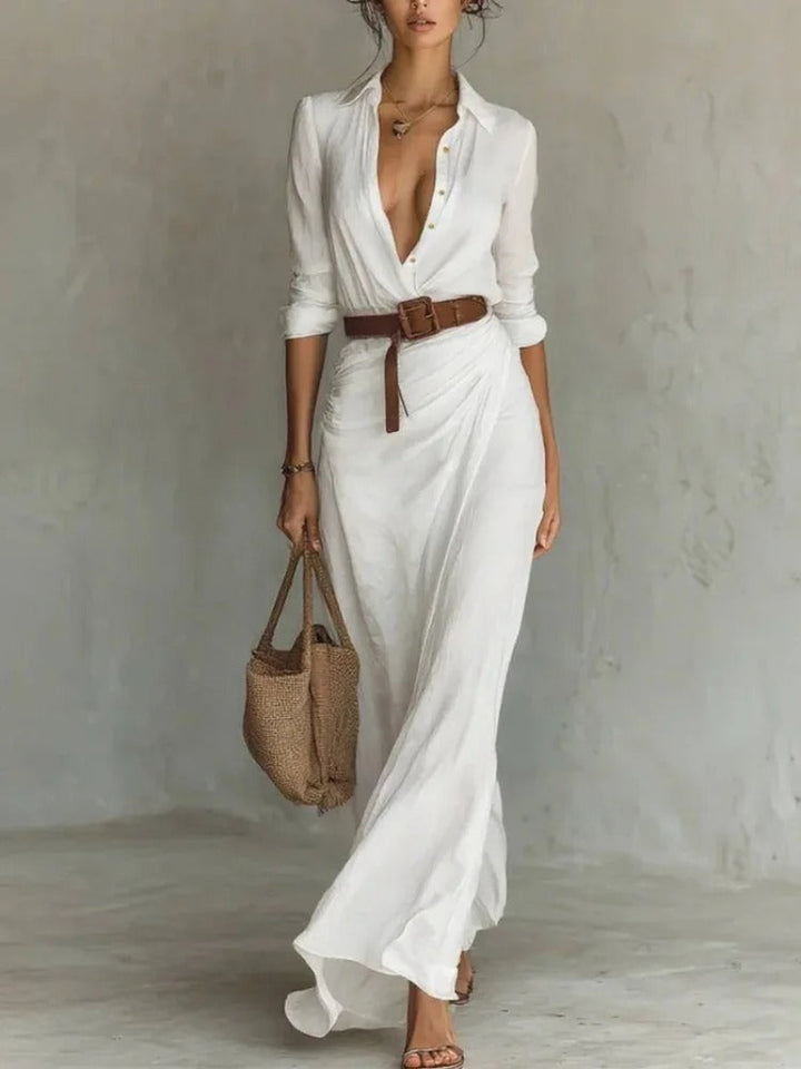 Women’s Maxi Dress with Point Collar and Gathered Front