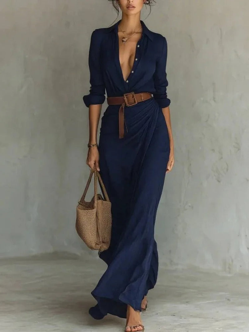 Women’s Maxi Dress with Point Collar and Gathered Front