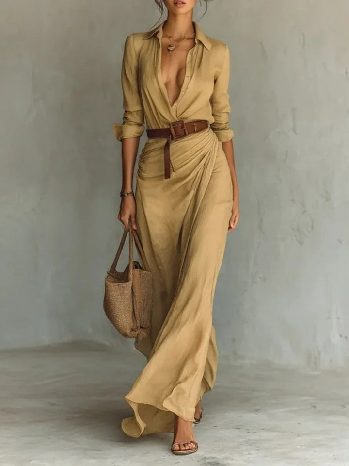 Women’s Maxi Dress with Point Collar and Gathered Front