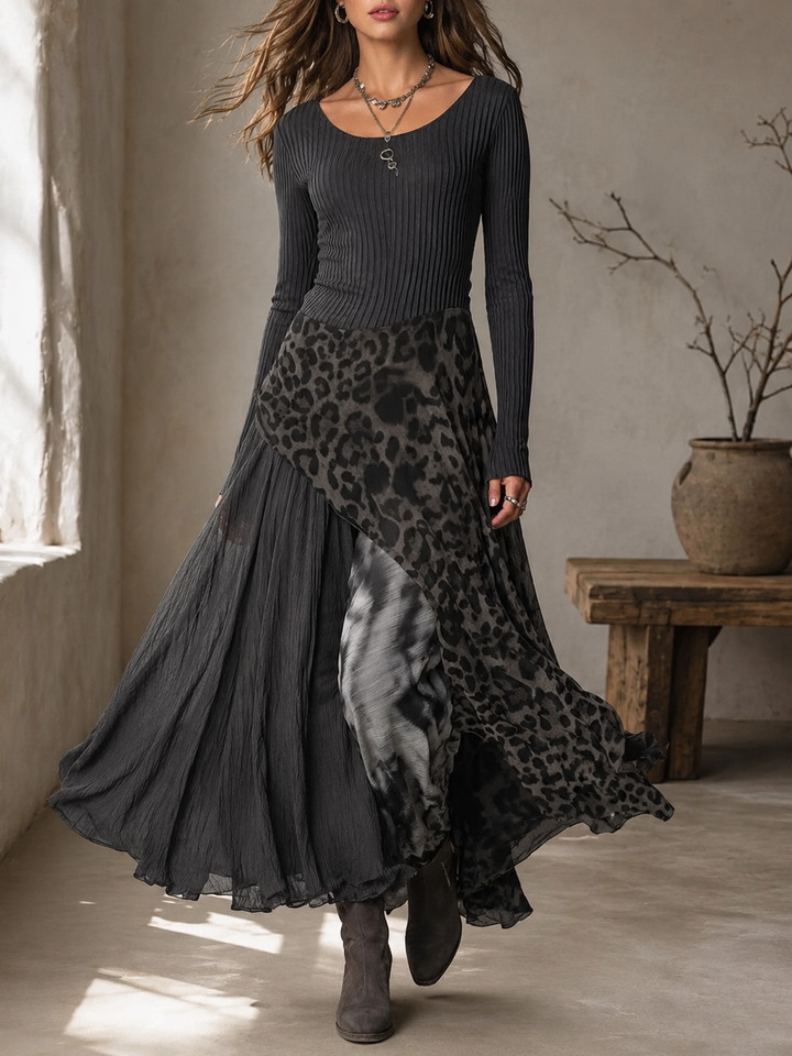 Women’s Maxi Dress with Scoop Neckline and Asymmetrical Skirt Overlay