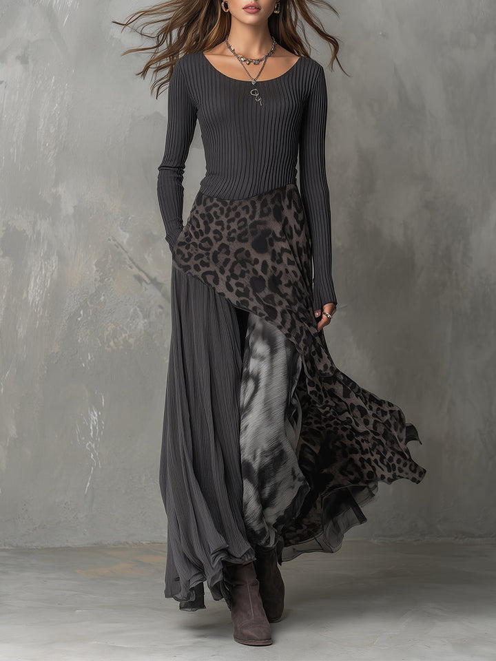 Women’s Maxi Dress with Scoop Neckline and Asymmetrical Skirt Overlay