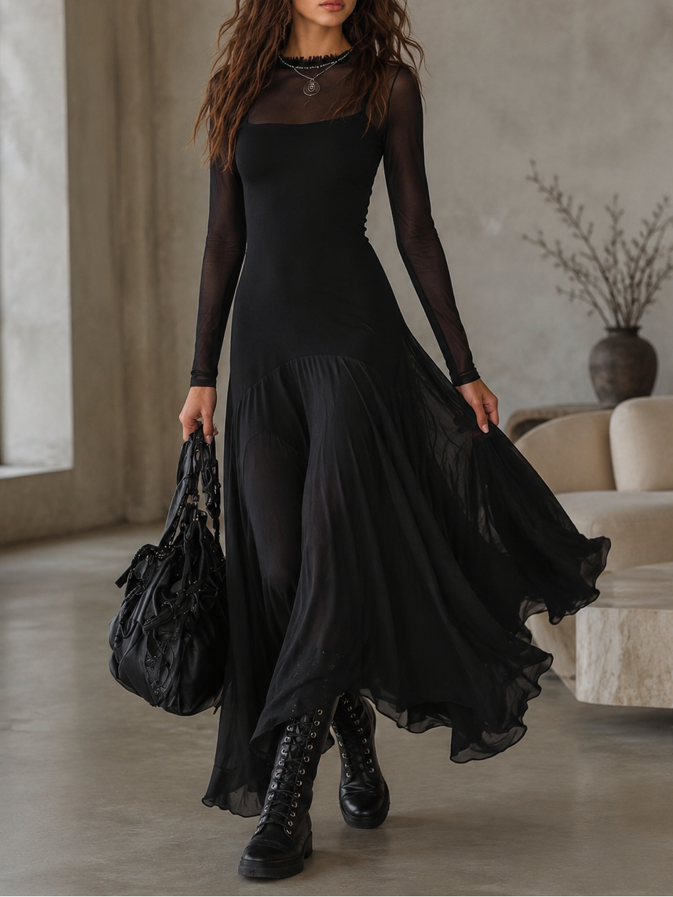 Women’s Maxi Dress with Sheer Long Sleeves and Round Neck