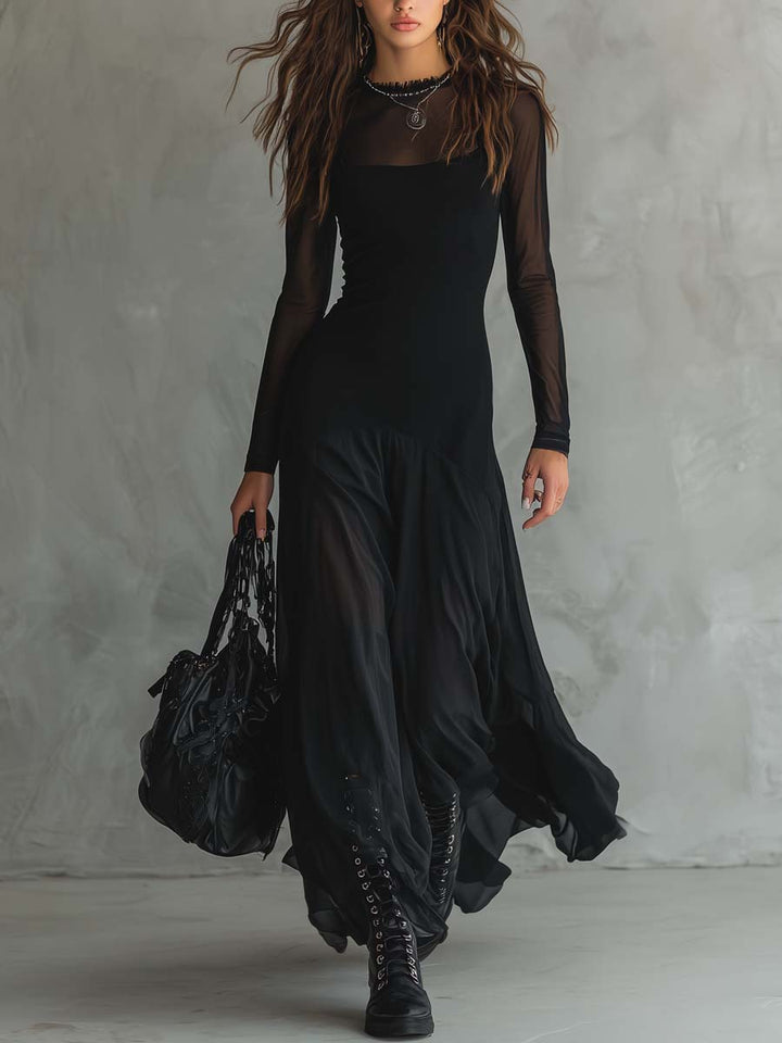 Women’s Maxi Dress with Sheer Long Sleeves and Round Neck