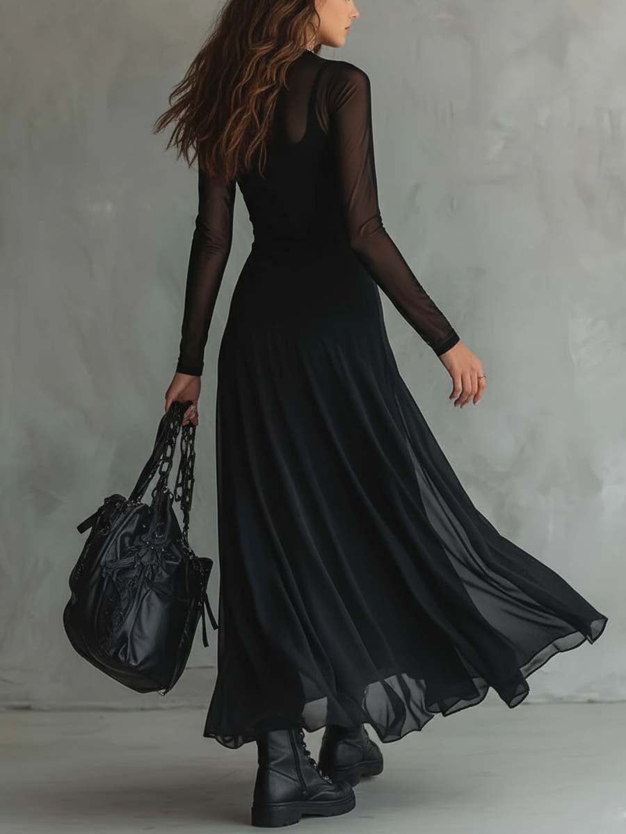 Women’s Maxi Dress with Sheer Long Sleeves and Round Neck