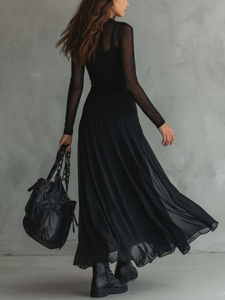 Women’s Maxi Dress with Sheer Long Sleeves and Round Neck