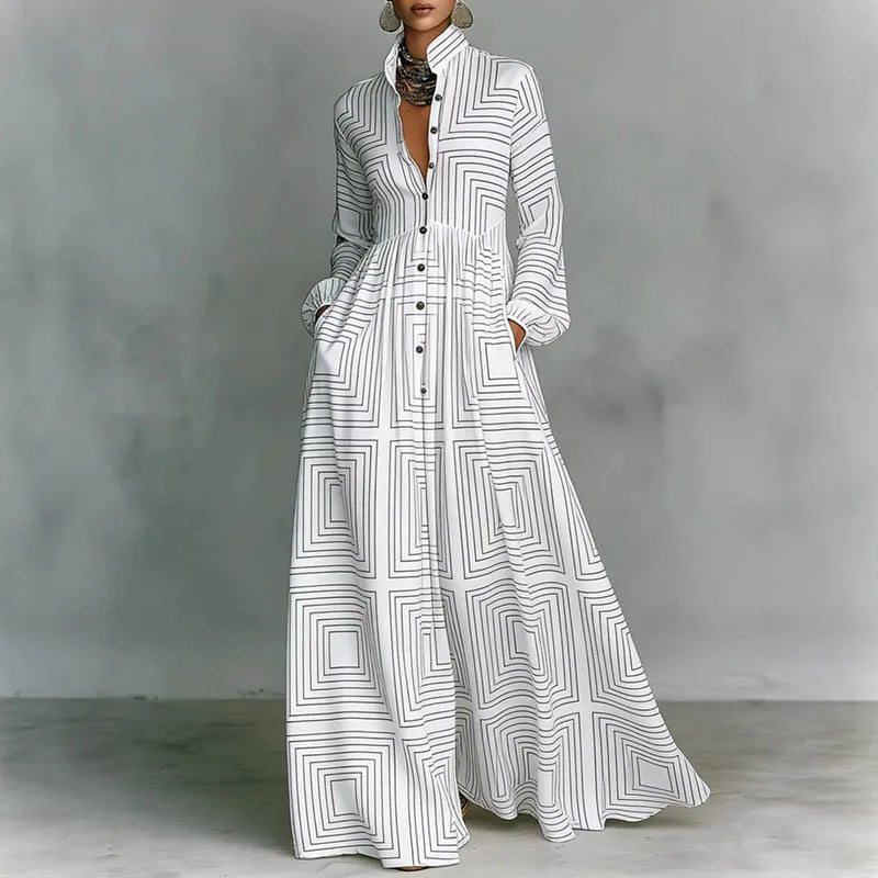 Women’s Maxi Dress with Stand Collar and Button Front