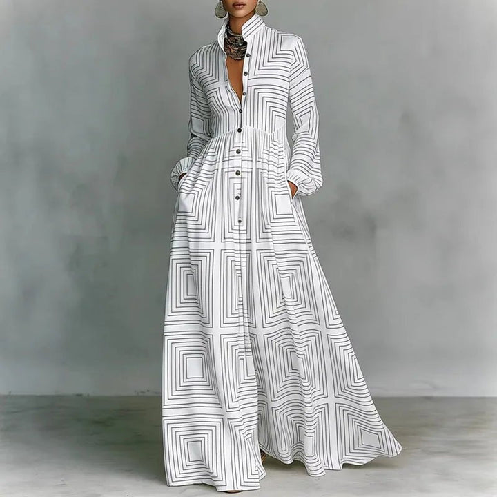 Women’s Maxi Dress with Stand Collar and Button Front