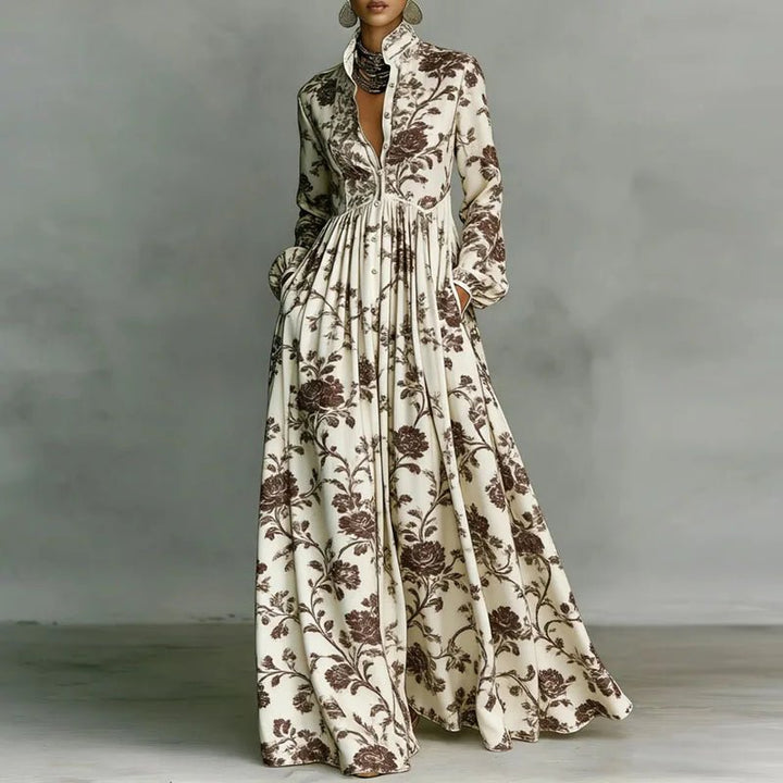 Women’s Maxi Dress with Stand Collar and Button Front