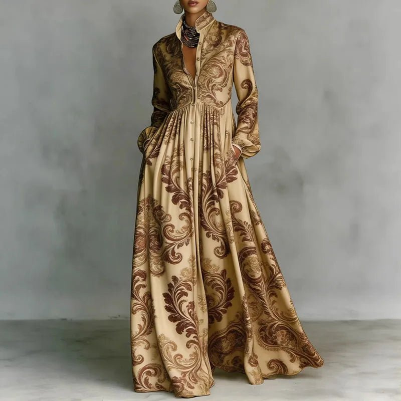 Women’s Maxi Dress with Stand Collar and Button Front