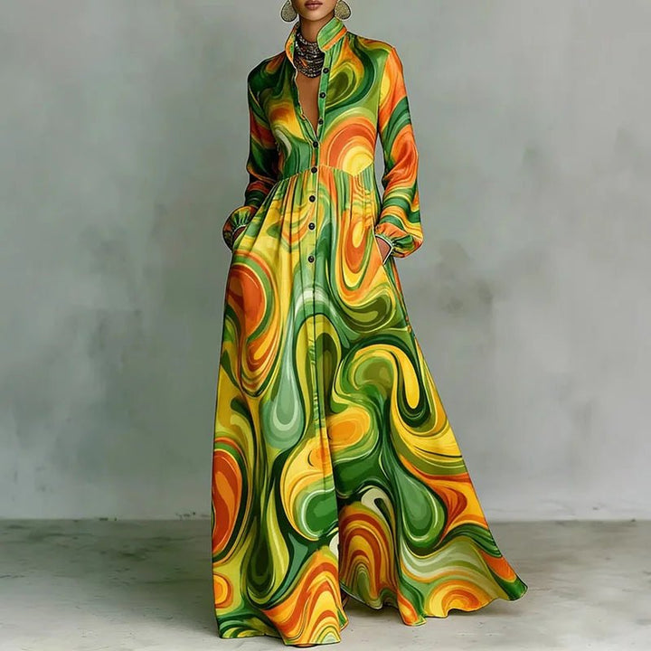 Women’s Maxi Dress with Stand Collar and Button Front