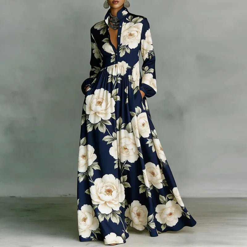 Women’s Maxi Dress with Stand Collar and Button Front