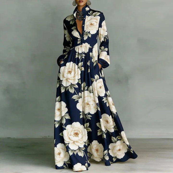 Women’s Maxi Dress with Stand Collar and Button Front