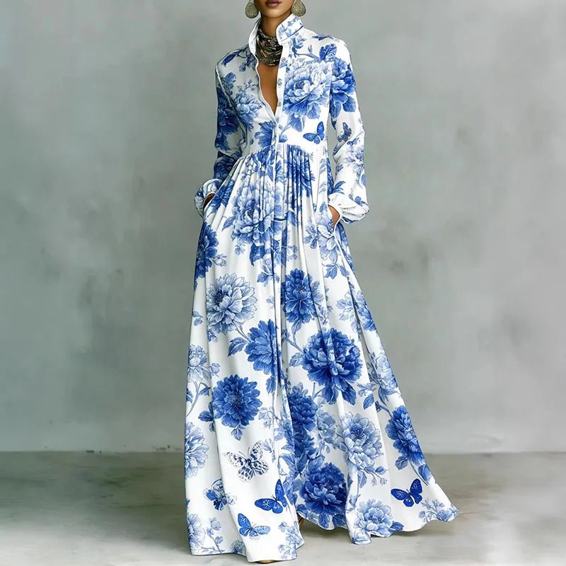 Women’s Maxi Dress with Stand Collar and Button Front