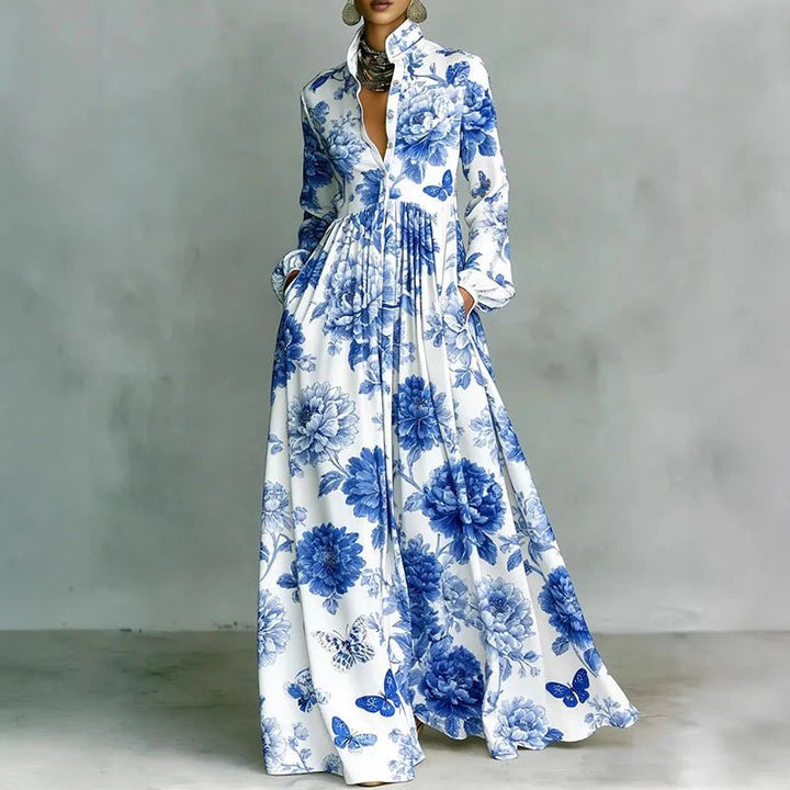 Women’s Maxi Dress with Stand Collar and Button Front