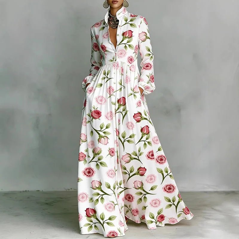 Women’s Maxi Dress with Stand Collar and Button Front