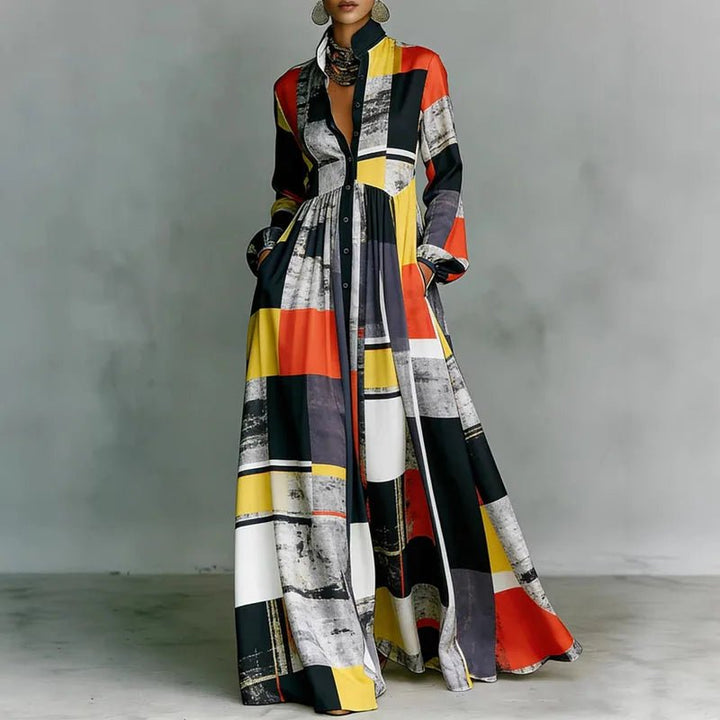Women’s Maxi Dress with Stand Collar and Button Front
