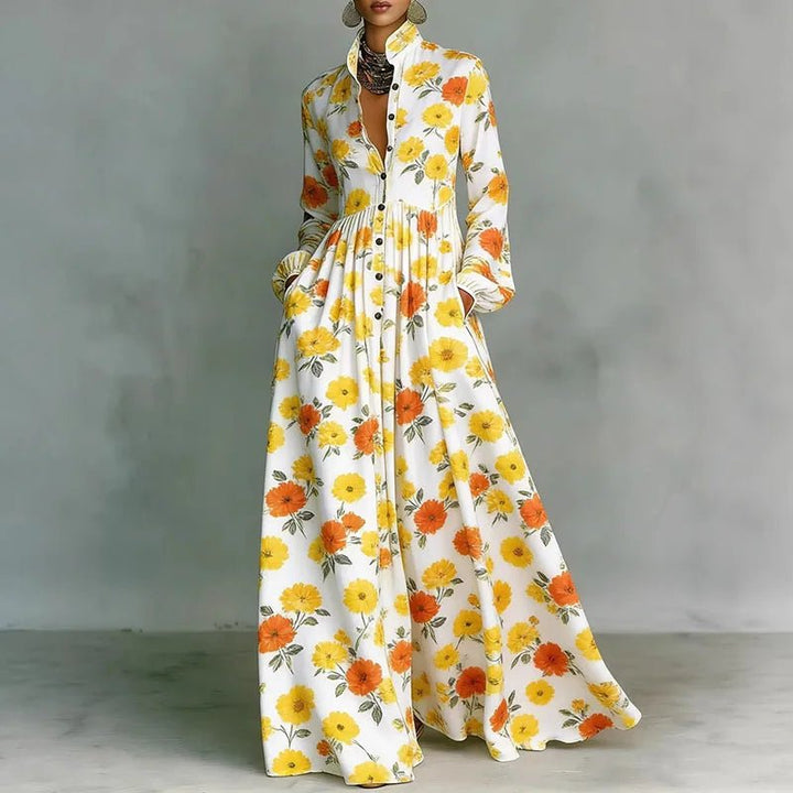 Women’s Maxi Dress with Stand Collar and Button Front