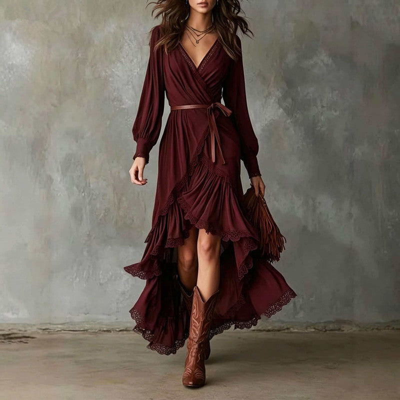 Front view showing v-neckline, long sleeves, waist tie and scalloped ruffle hem, burgundy