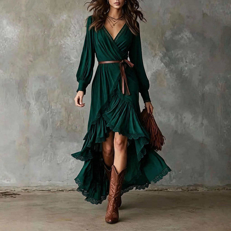 Front view with v-neckline, wrap bodice, waist tie and tiered ruffle hem, green