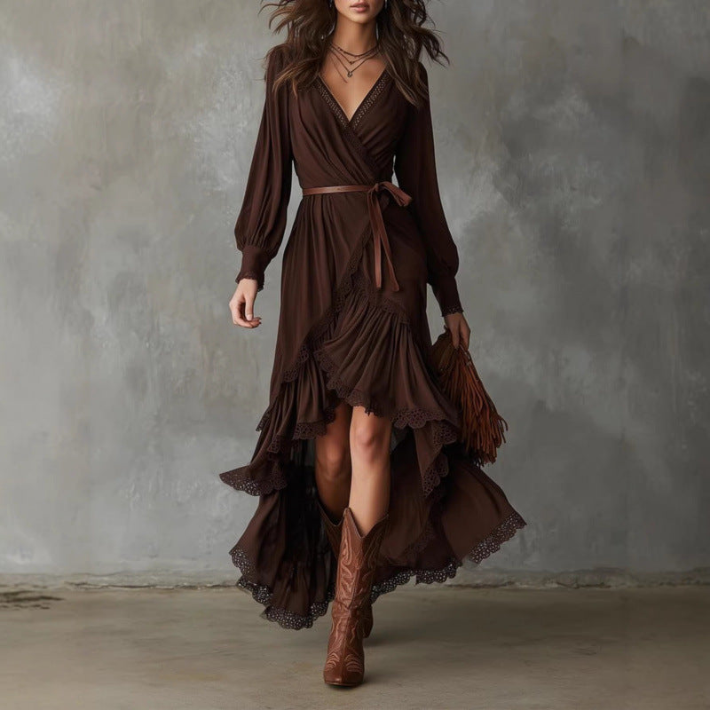 Front view of v-neckline, long sleeves, waist tie and high-low ruffle hem, brown