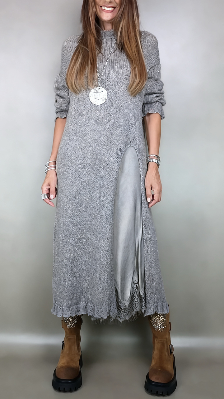 Front view of mock neckline, long sleeves and lace hem, grey