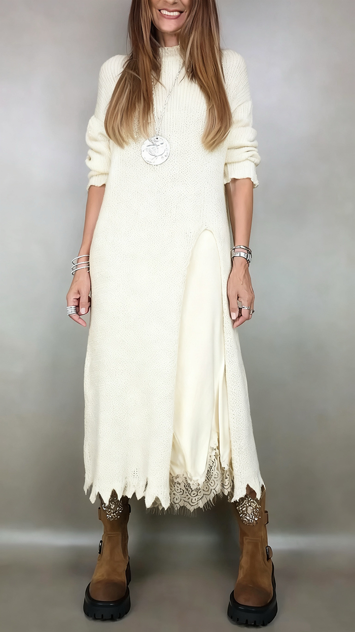 Front view of mock neckline, front slit and frayed hem over lace, white