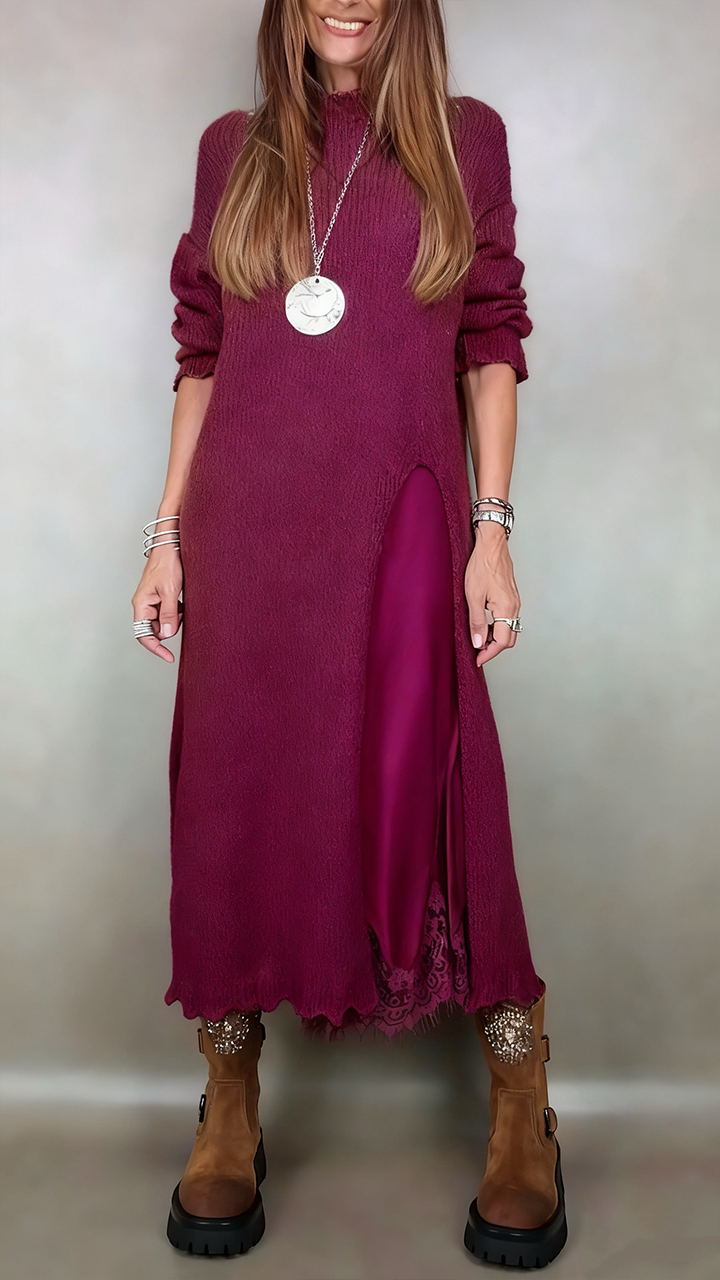 Front view of mock neckline, front slit and lace hem, red