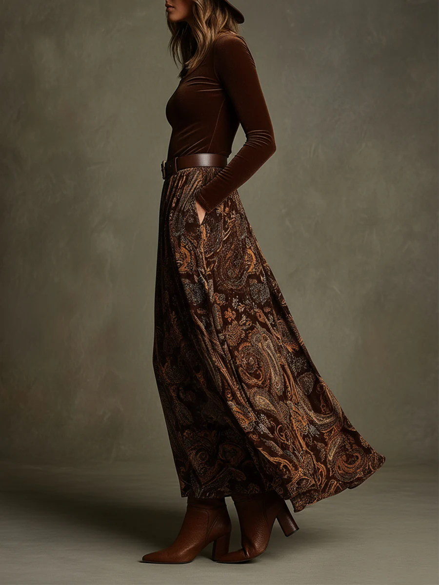Side view of top with side pocket and floor-length skirt