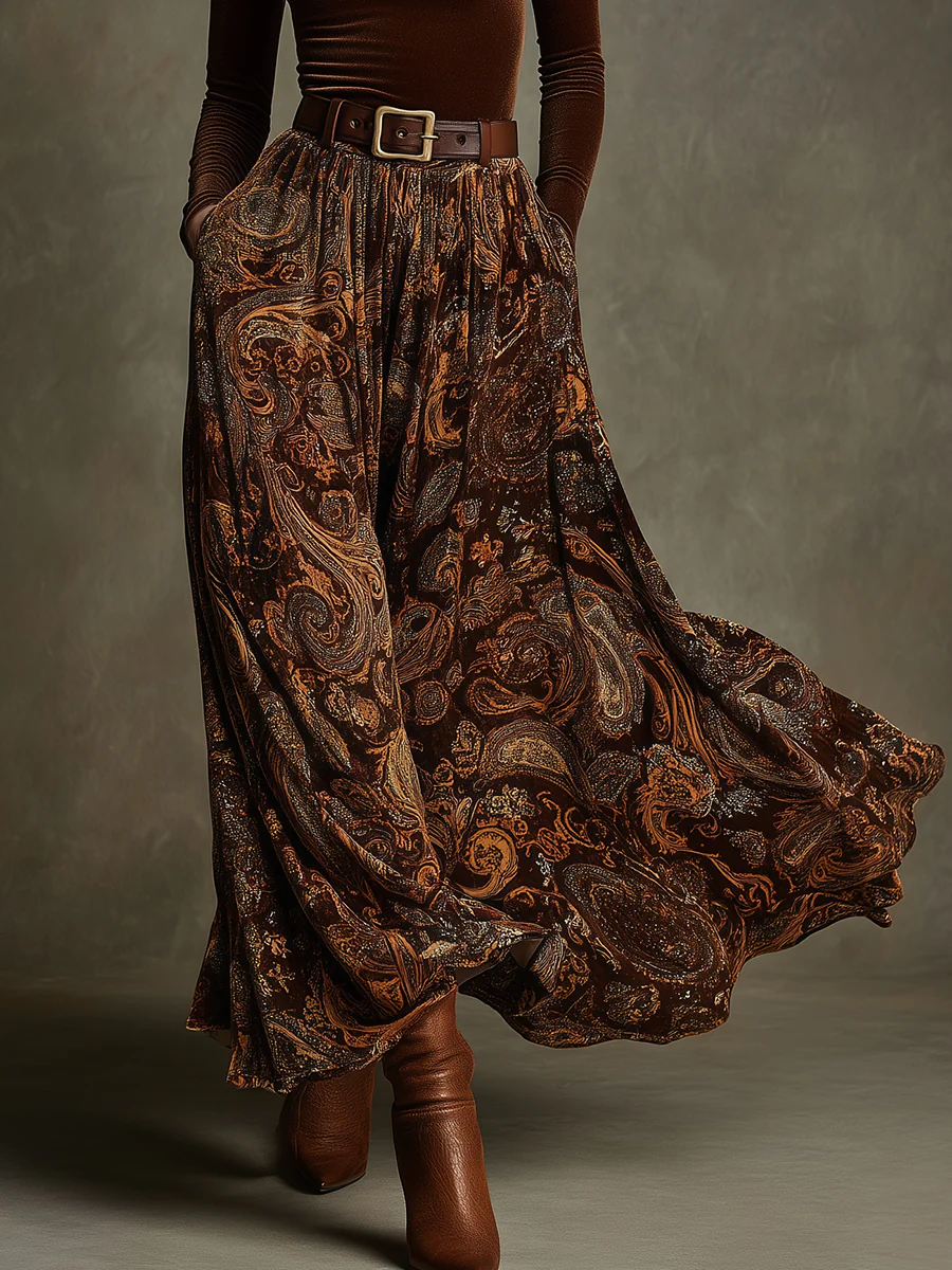 Detail view of belted waist, gathered skirt and side pocket