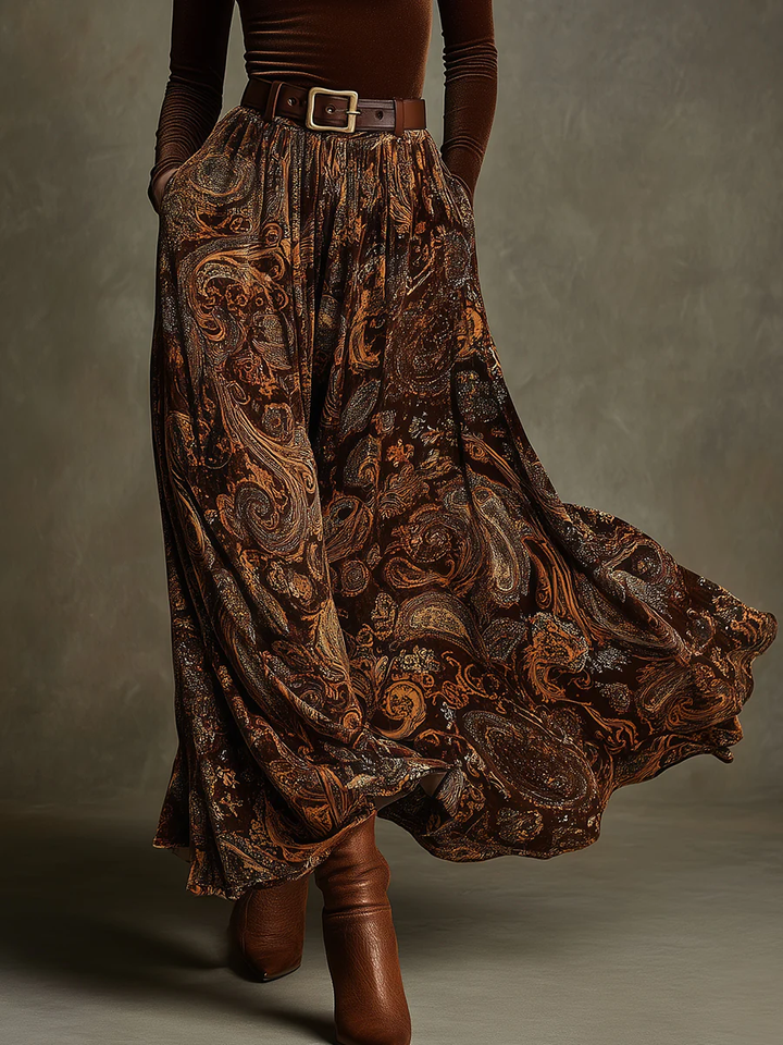 Detail view of belted waist, gathered skirt and side pocket
