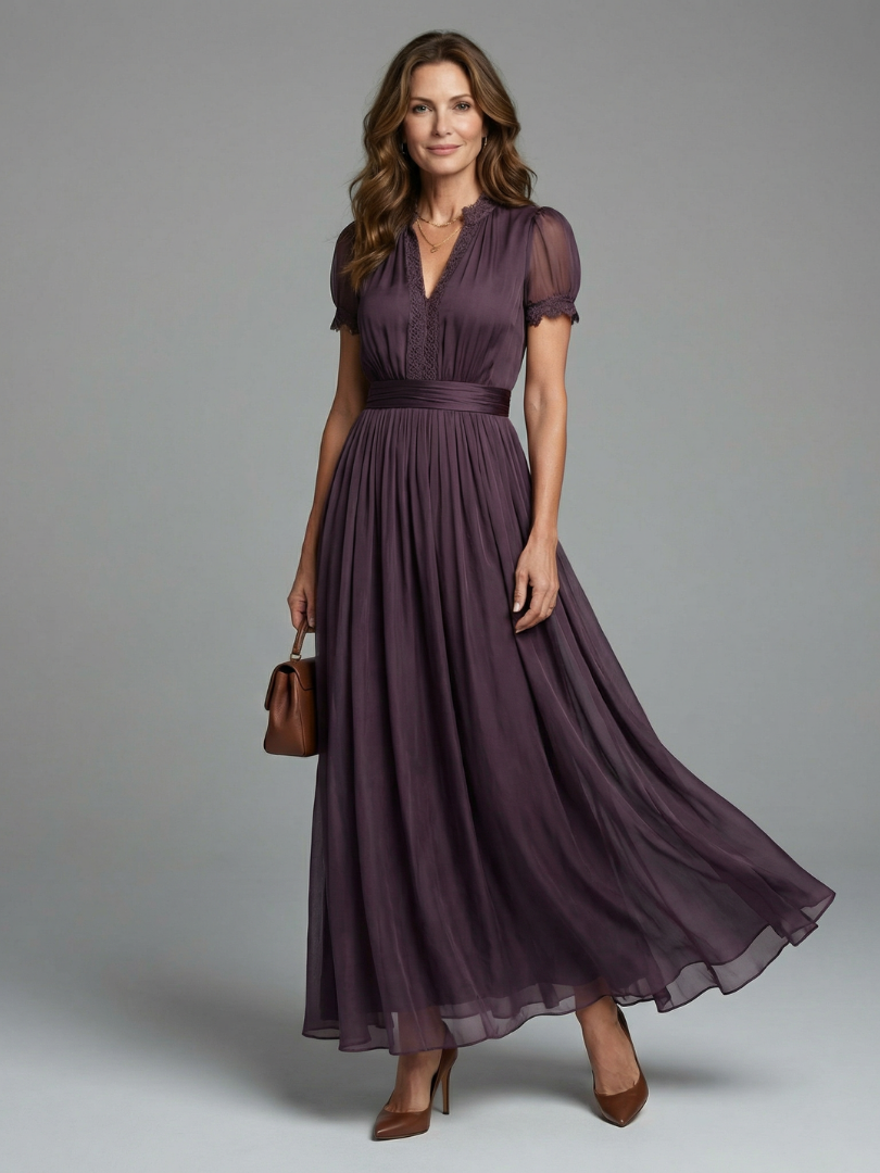 Front view showing v-neckline with keyhole opening, short puff sleeves, banded waist and gathered skirt, purple